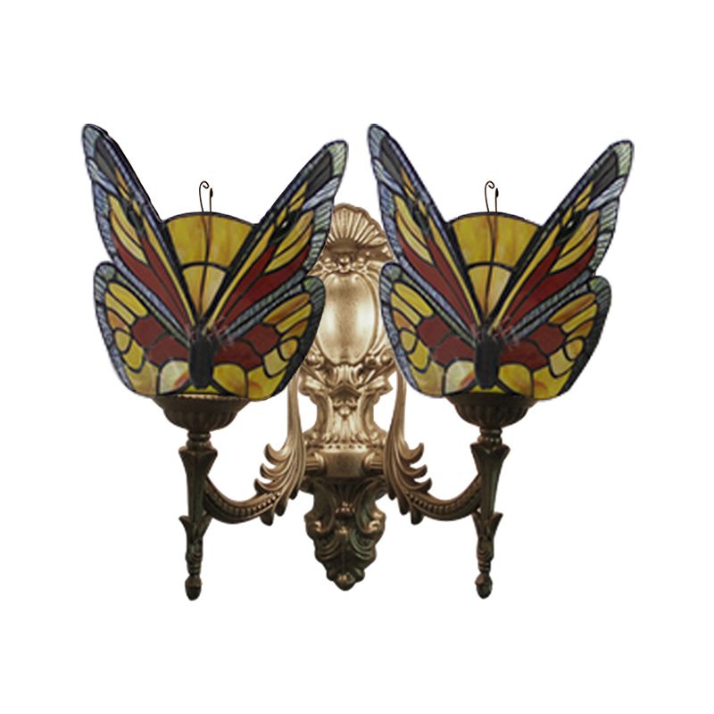 Retro Style Butterfly Wall Sconce Stained Glass 2 Lights Colorful Wall Fixture Light for Stairway