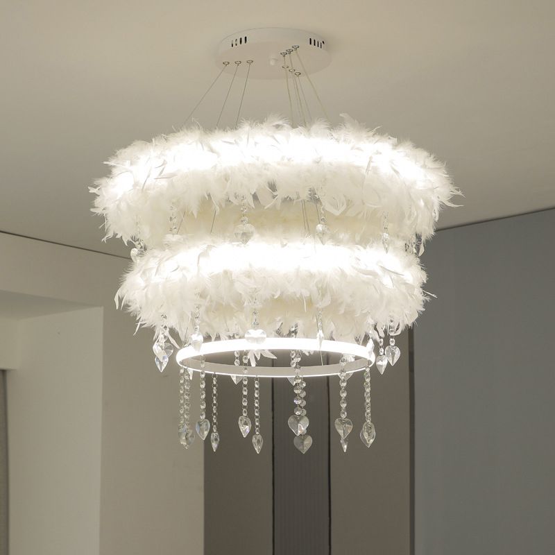 Tapered Feather Chandelier Pendant Nordic LED Hanging Light Fixture with Crystal Decor for Dining Room