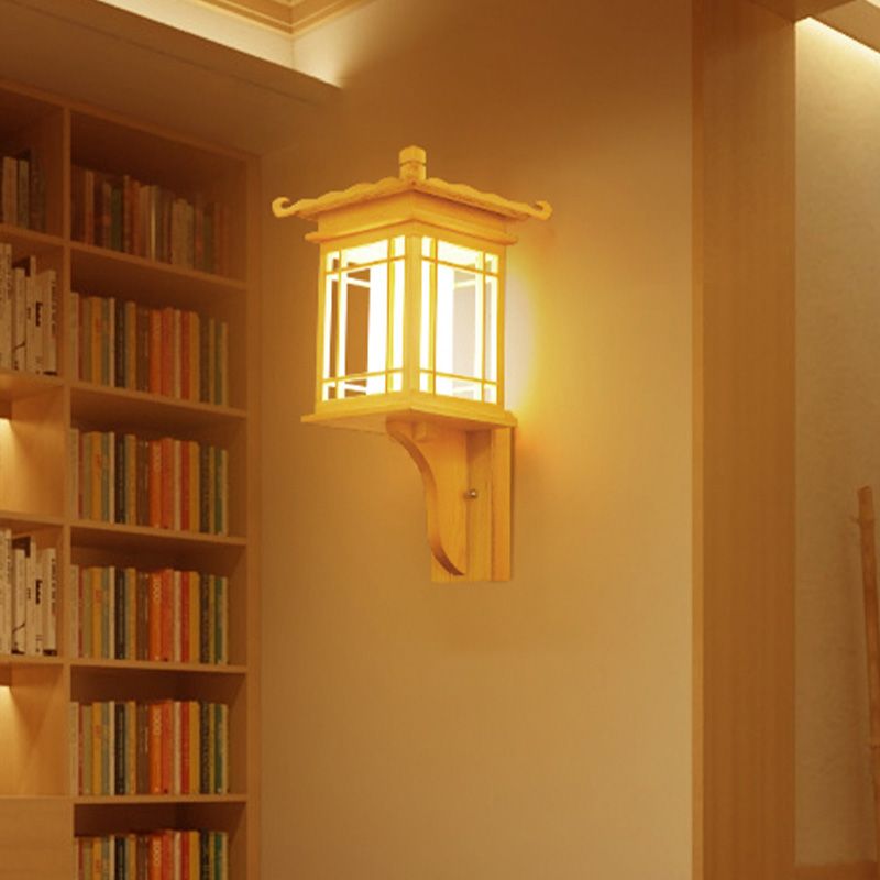 Houten huis muur sconce verlichte armatuur Aziatische stijl enkele bol beige wandlamp armatuur voor restaurant