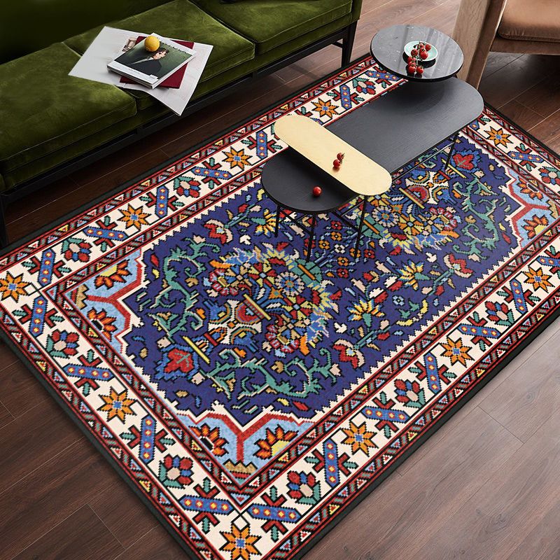 Persian Tribal Patterned Rug Multi-Color Polyester Carpet Stain Resistant Pet Friendly Anti-Slip Backing Rug for Bedroom