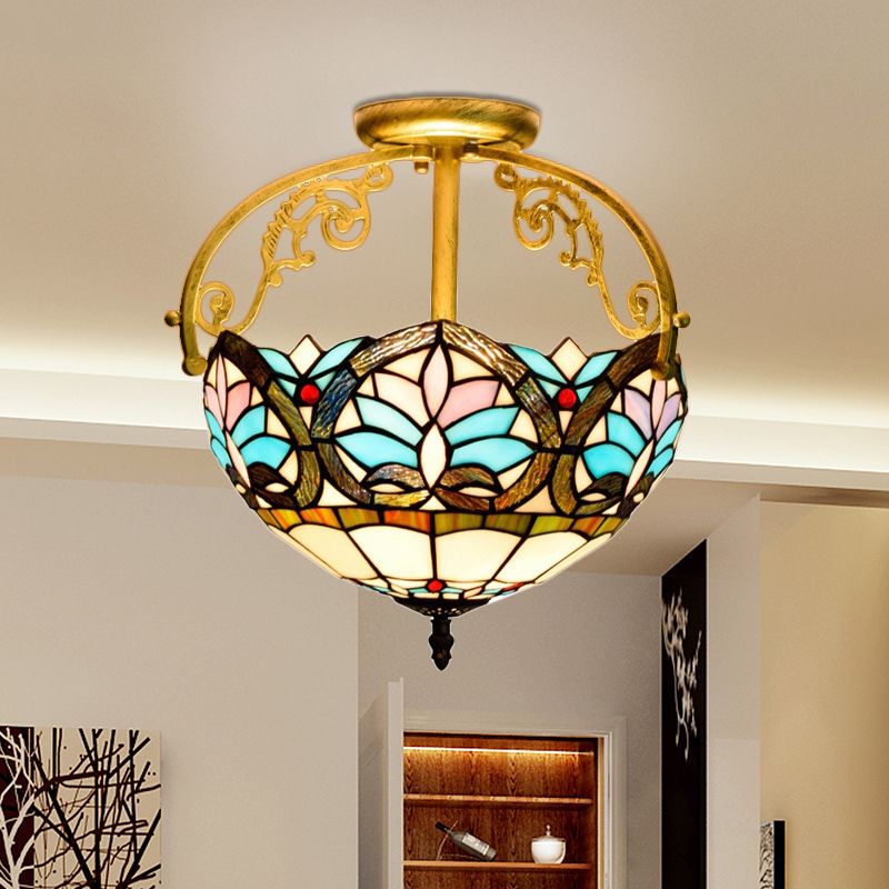2 Lights Semi Flush Mount Lighting Mediterranean Petal Stained Glass Ceiling Lamp in Yellow/Brown/Blue for Bedroom