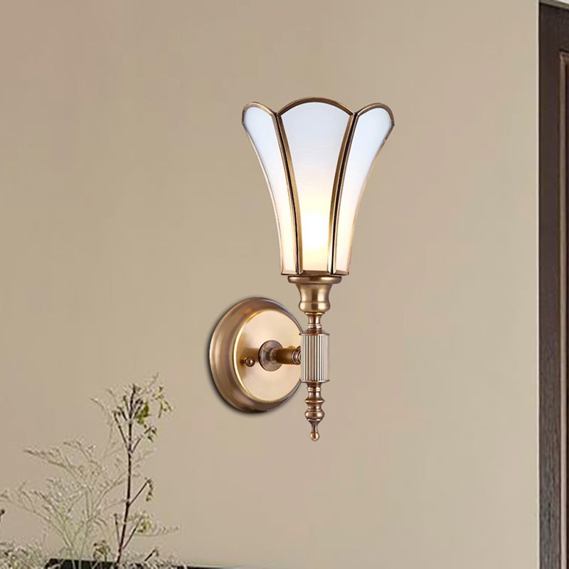 Brass 1-Light Wall Light Sconce Traditional Metal Flower Wall Mounted Lamp with Milk Bevel Glass Shade