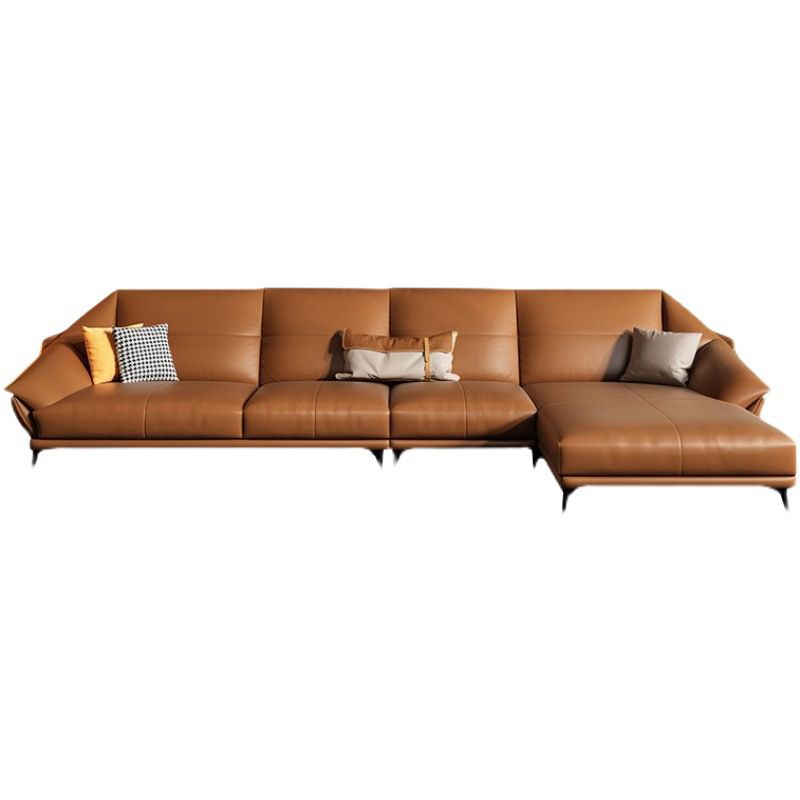 Glam Sofa Chaise Stationary Genuine Leather Flared Arm Cushions Seating