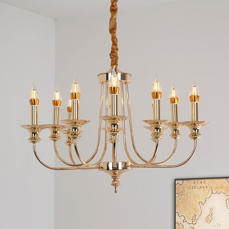 Candelabra Living Room Chandelier Light Fixture Colonialist Metal 10 Lights Gold Drop Pendant with Curvy Arm