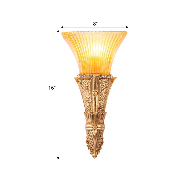 Traditional Flared Wall Mount Light 1 Light Orange Glass and Resin Wall Sconce in Gold for Corridor