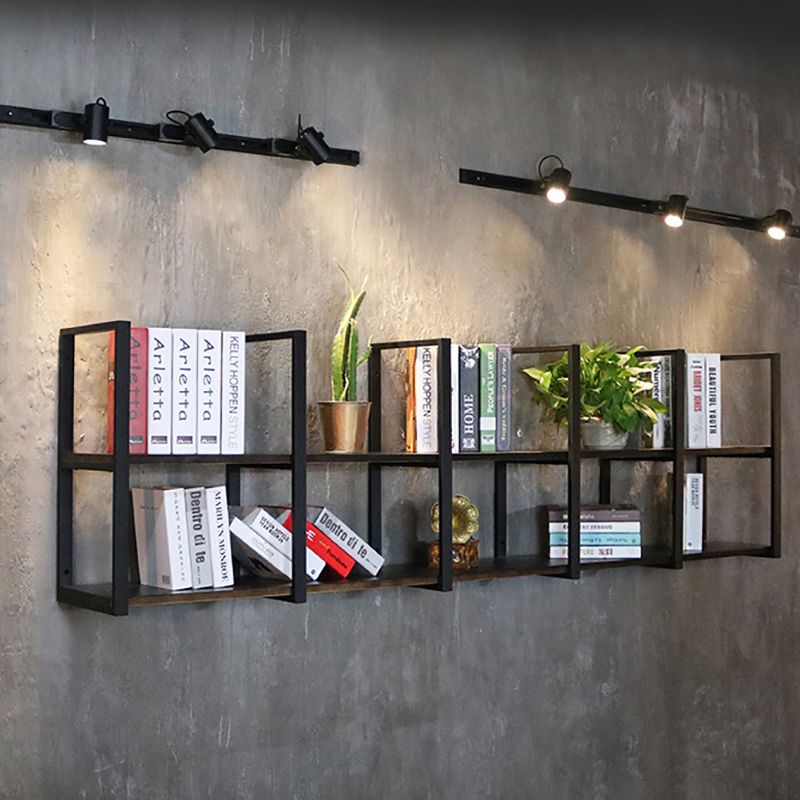 Industrial Wooden Storage Bookshelf Wall Mounted Bookcase with Rectangle Shelves