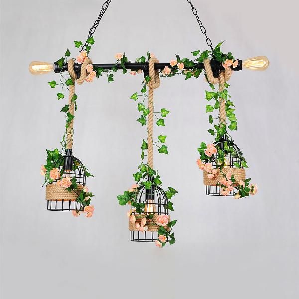 Birdcage Metal Island Light Vintage 5 Bulbs Restaurant Pendant Lighting with Hemp Rope in Black Finish