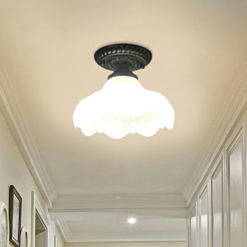 Black Bell Semi Flush Traditional Frost Glass 1-Light Corridor Flush Ceiling Light Fixture