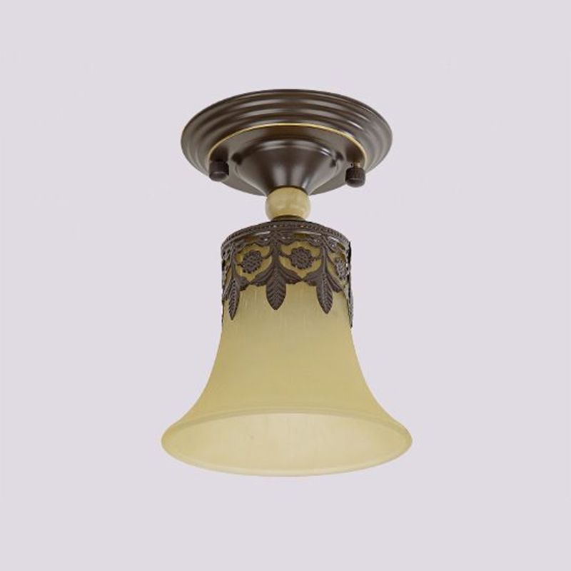 Abat-jour évasé en verre beige, plafonnier semi-encastré vintage à 1 ampoule pour couloir, noir