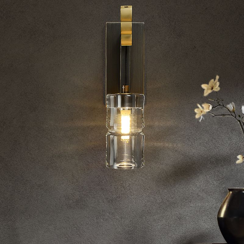 Modern Metal Wall Sconce Cylinder Shape Wall Light with Crystal Shade for Bedroom