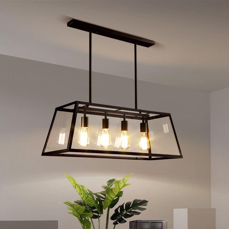 Industrial Metal Island Light Black 4 Lights Island Pendant with Glass for Dining Room