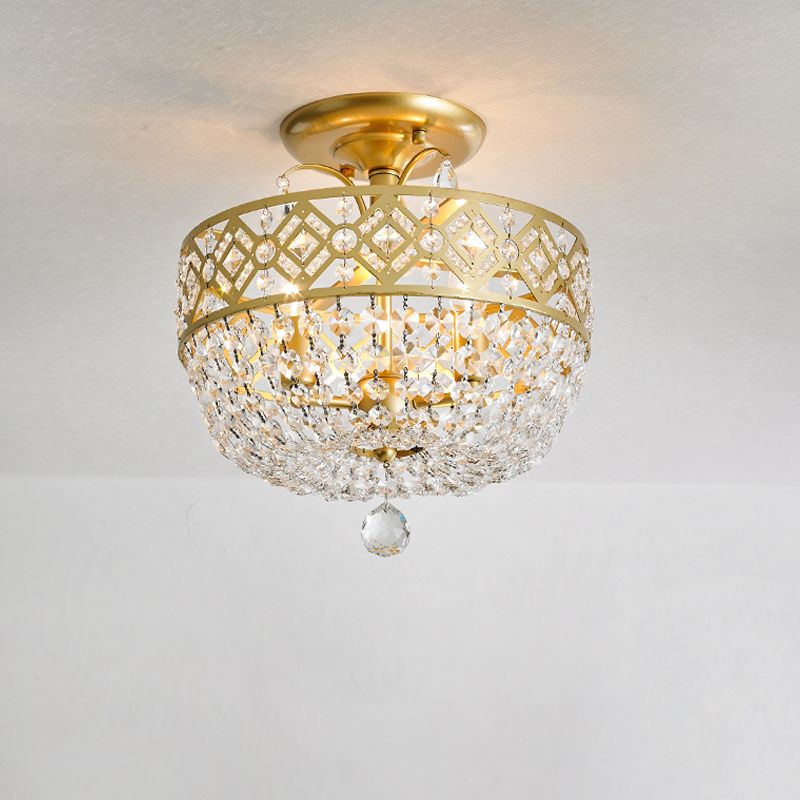 3 Heads Light Fixture with Dropped Ball Crystal Contemporary Porch Semi-Flush Mount in Gold