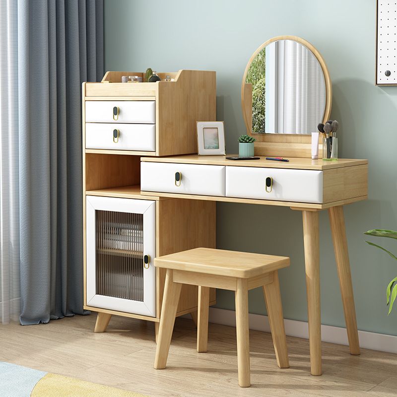 Wood Vanity Set with Stool and Mirror Scandinavian 4 Drawers Dresser