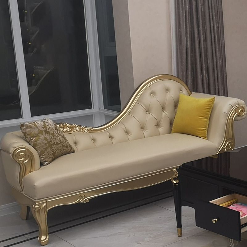 Faux Leather Upholstered Tufted Chaise Lounge Chair in Beige and Gold