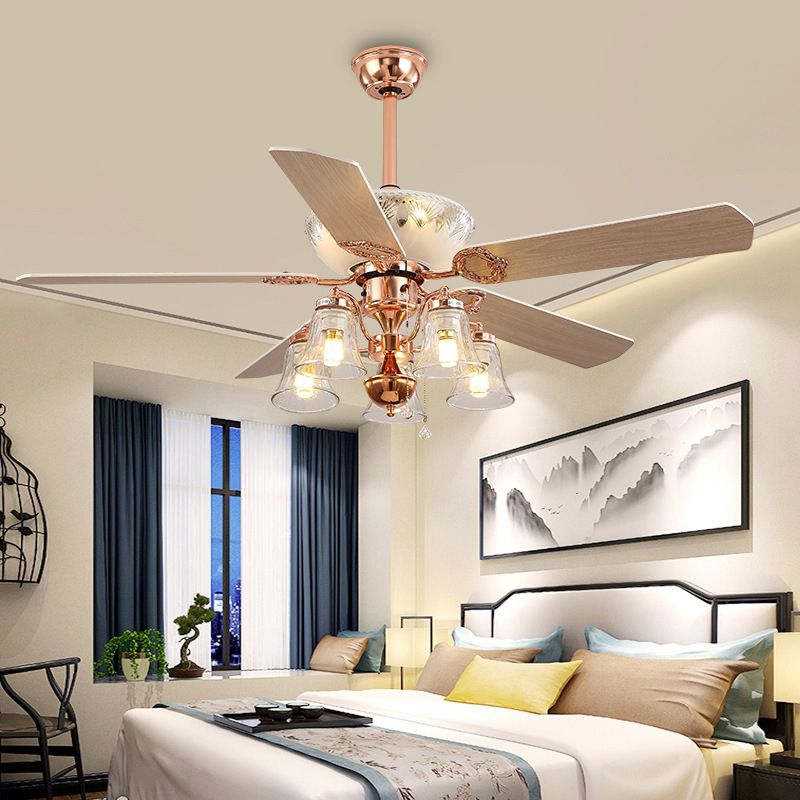 5 Lights Clear Glass Ceiling Fan Light Classic Rose Gold Bell Bedroom Semi Flush Mount