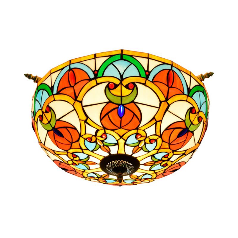 21.5"/25.5" W Brass Jewel Ceiling Lamp Baroque 5 Bulbs Multicolored Stained Glass Semi Flush Mount Lighting