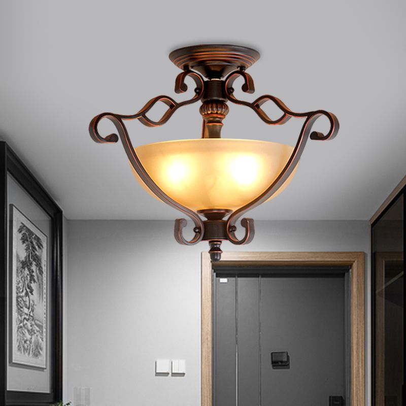 Frosted Glass Bowl Semi Flush Rustic Style LED Bedroom Flush Mount Light Fixture in Bronze