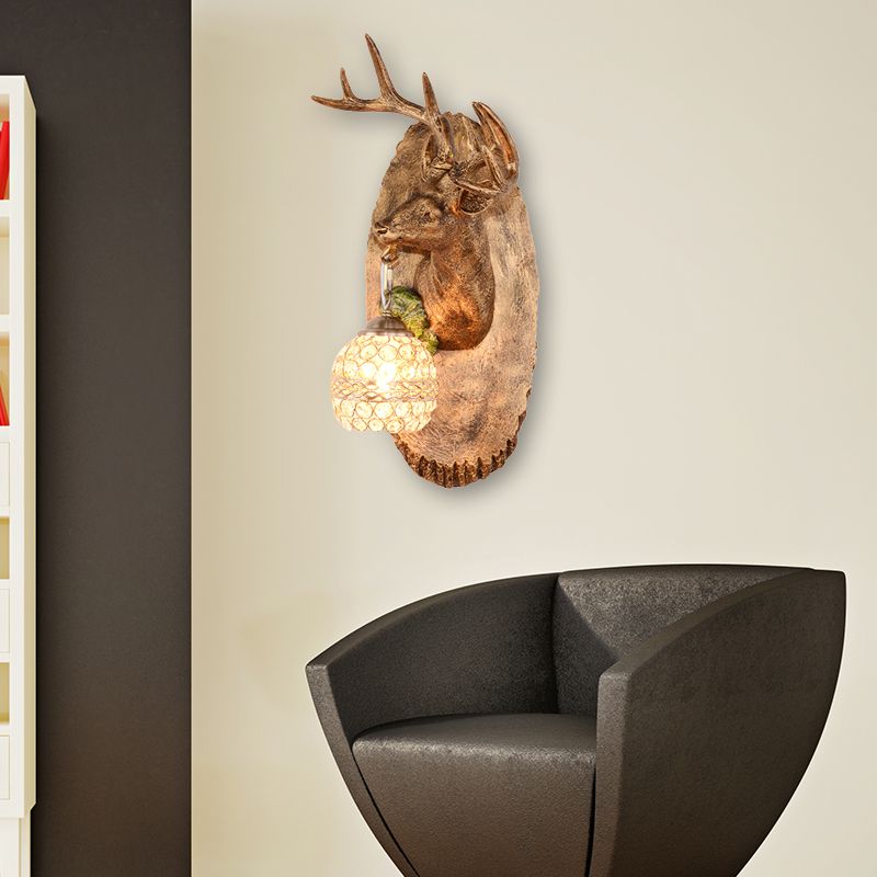 1 Light Resin Wall Lamp Rustic Black/Gold/Tan Orb Shade Indoor Sconce Light Fixture with Elk, Right/Left