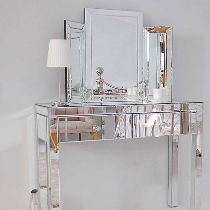 Glass Vanity Set with Tri-Fold 13.77" Wide Make-up Vanity with 2 Storage Drawers