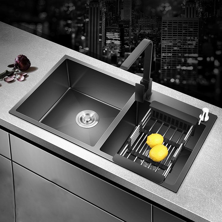 Rectangle Stainless Steel Sink in Black Double Bowl Drop-In Kitchen Sink