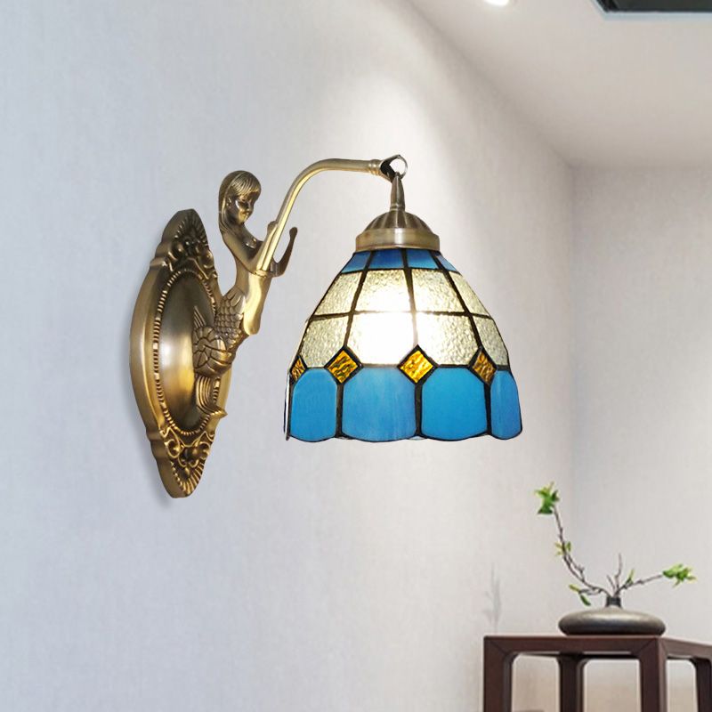 1 Bulb Living Room Wall Mounted Light Baroque Bronze Mermaid Wall Lamp with Grid Dome Dark/Sky Blue and White Glass Shade