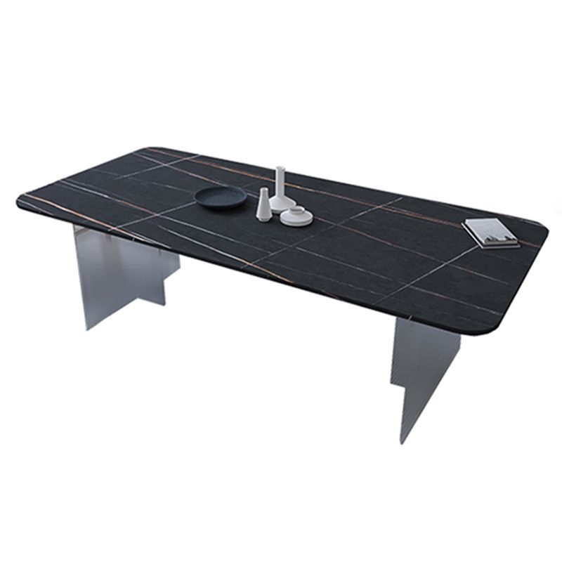Contemporary Rectangle Dining Table Sintered Stone Dining Table with Clear Acrylic Double Pedestal