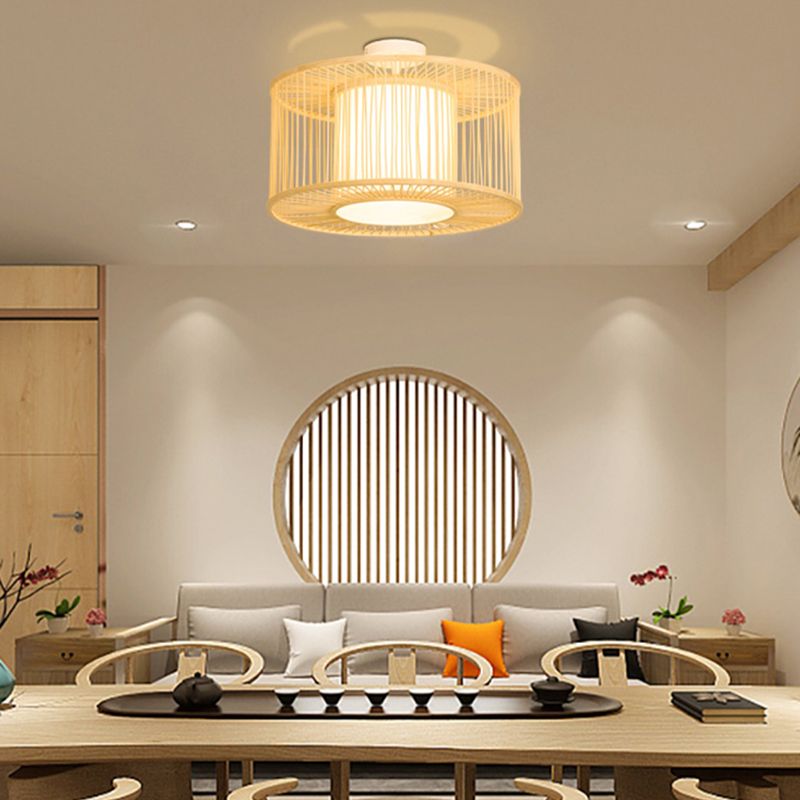 Beige Cylindrical Ceiling Mounted Light Asia Style Bamboo Bedroom Ceiling Lighting