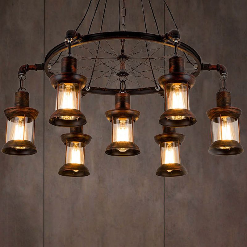 Coastal Lantern Hanging Lamp 7 Lights Clear Glass Chandelier Lighting in Rust with Wheel