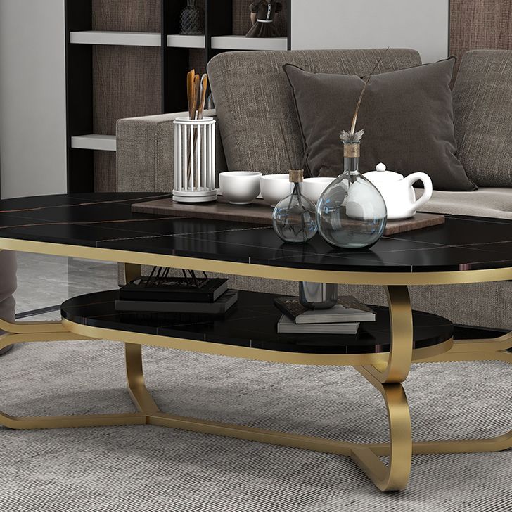 Metal Abstract Base Cocktail Table Oval Slate Top Coffee Table with Shelf