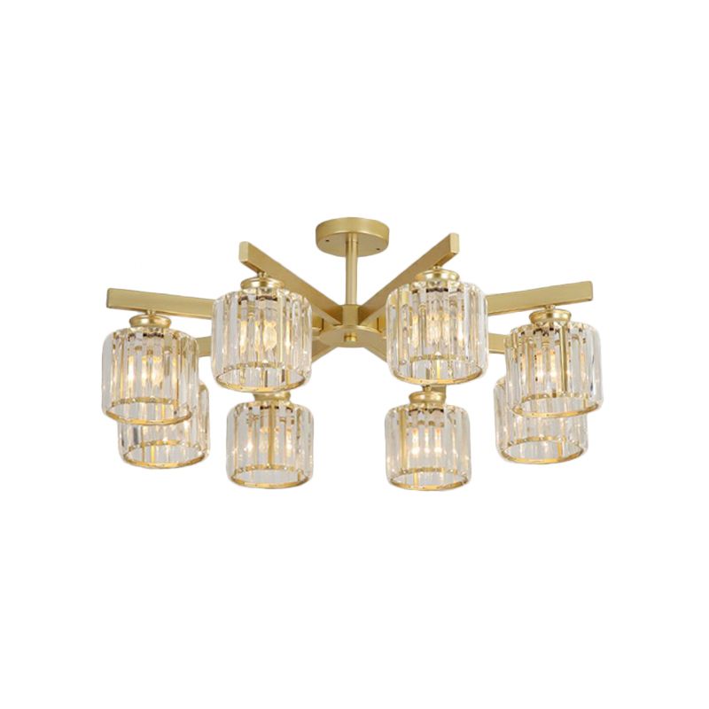 Crystal Cylinder Ceiling Mounted Light Minimalistic Golden Semi Flush Mount Fixture for Bedroom