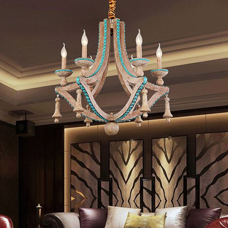 Beige Kerzendeckende Decke Kronleuchter traditionelles Holz 6 Köpfe hängende Leuchte mit grünem Kiefernstein