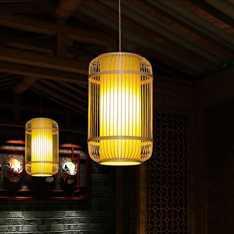 Cage Shade Suspension Lighting Modern Bamboo 1 Bulb Wood Pendant Light for Balcony