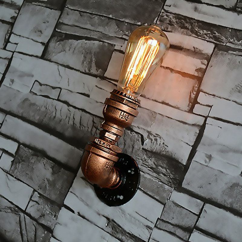 Single-Bulb Sconce Light Industrial Water Pipe Metal Wall Lamp in Rust for Garage