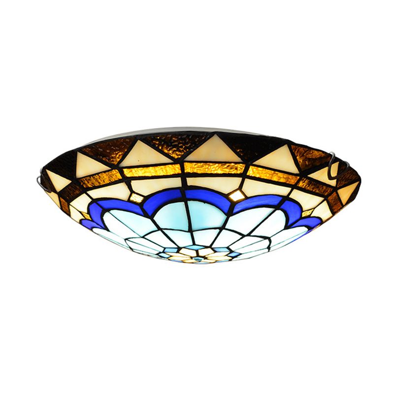 Dome Ceiling Flush Light Vintage Blue Handcrafted Glass Flushmount with Feather Pattern