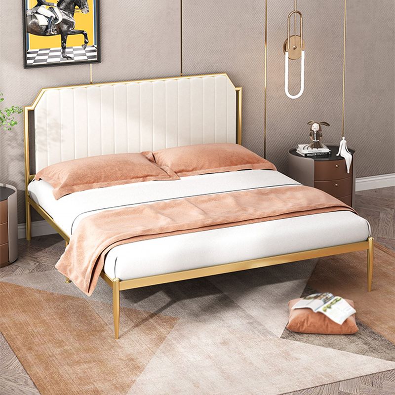 Leather Bed,Queen Metal Frame Panel Bed with Scooped Headboard