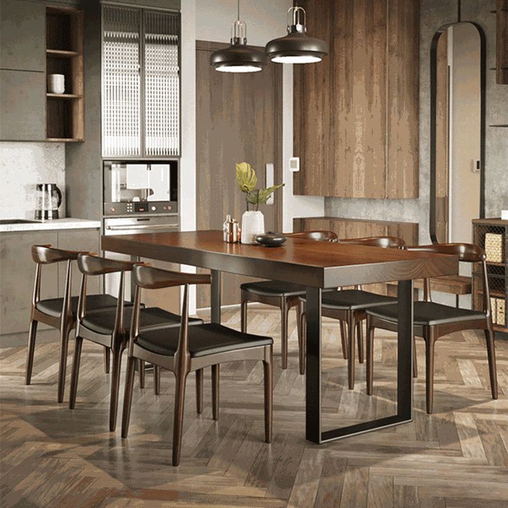 Wood Top Dining Table Industrial Rectangle Table with Sled Base in Black