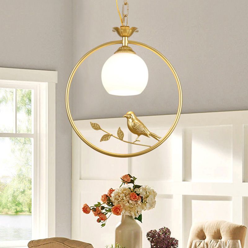 Cottage Bird Suspension Light 1-Light Iron Pendant Light Fixture with Opal Glass Shade