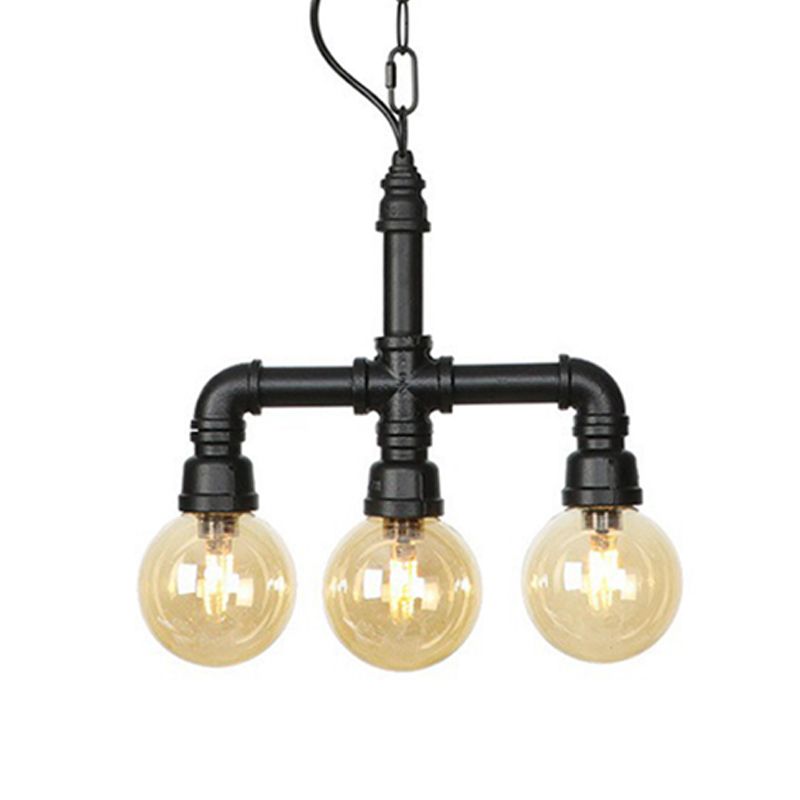 Ball Amber Glass Pendant Light Industrial 3/4 Lights Restaurant LED Ceiling Chandelier in Black with Pipe Arm