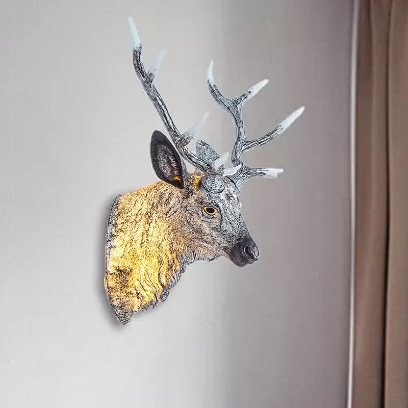 Deer Head Bedroom Wall Light Fixture Traditional Style Resin 1 Light Grey/Silver/Bronze Sconce Lamp