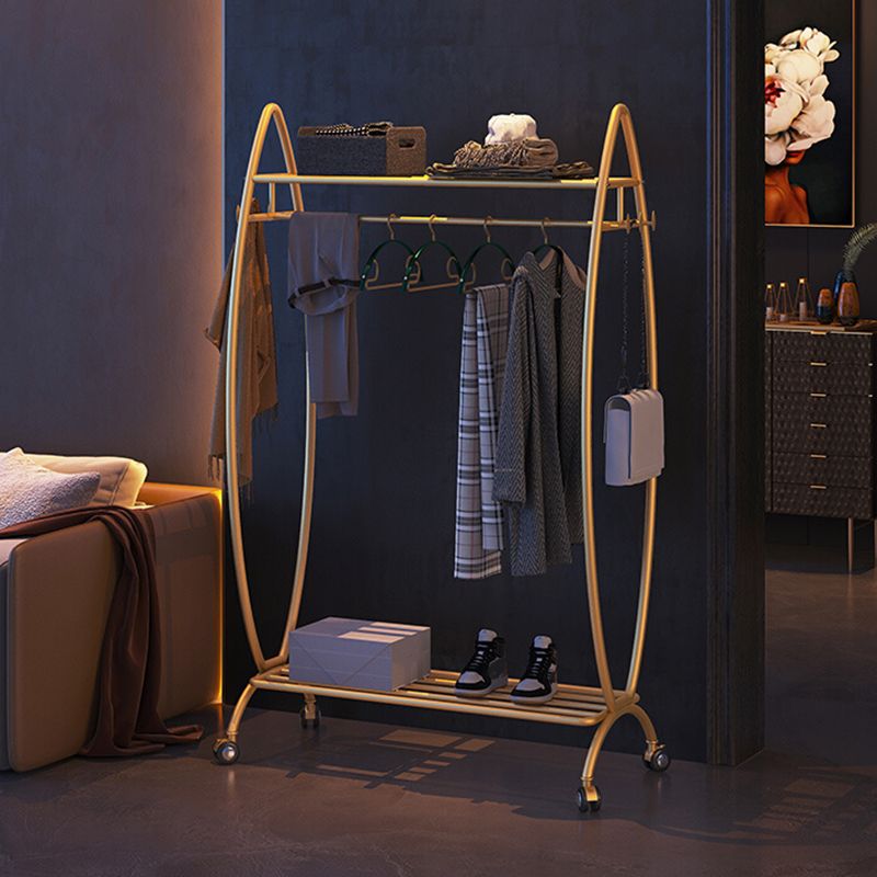 Modern Hanger Free Standing Golden Metal Coat Rack with Storage Shelves