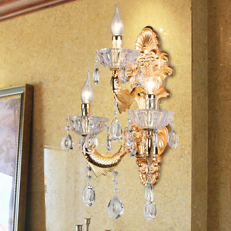 Candelabra Wall Lamp Contemporary Crystal 2 Lights Gold Wall Mount Light for Corridor