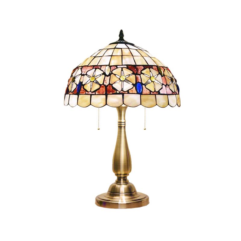 Muschelblume-Gürtel-Hemisphere-Tischlampe Mediterraner 2-Licht gebürstete Messing Nachtständer mit Pull-Kette
