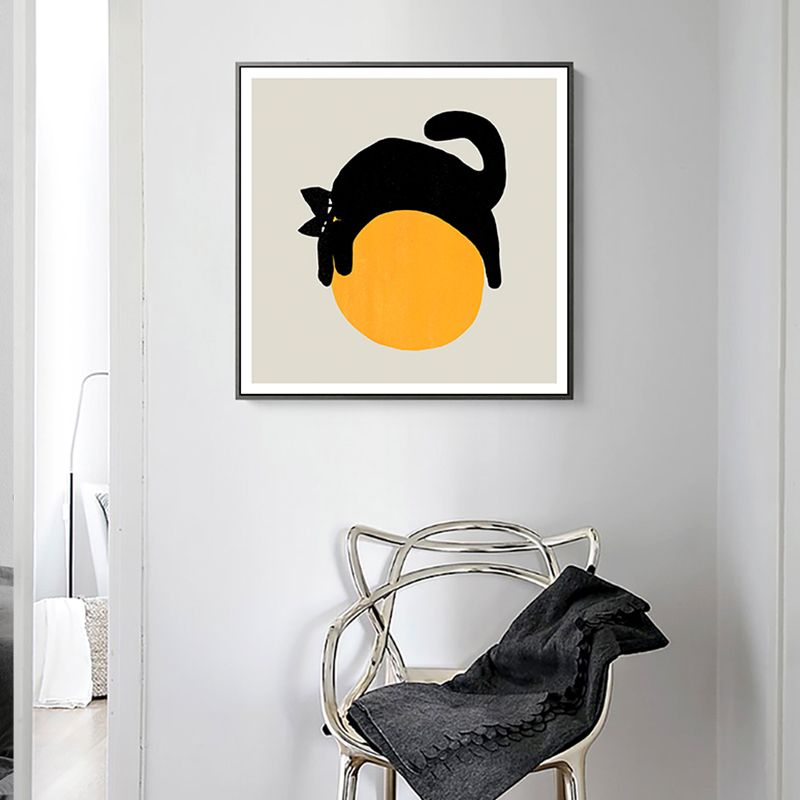 Cat on the Ball Canvas Print Nordic Style Textured Childrens Bedroom Wall Art in Yellow
