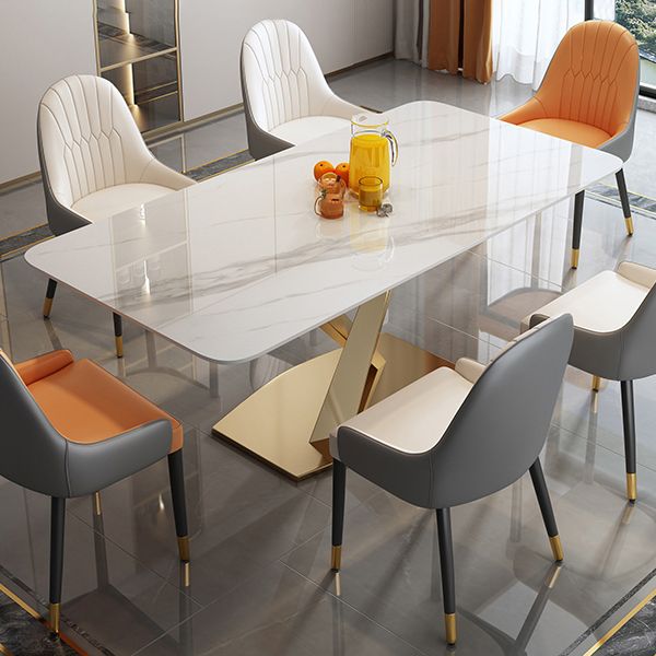 Sintered Stone Top Rectangle Table for Restaurant Luxury Dining Table with Gold Pedestal