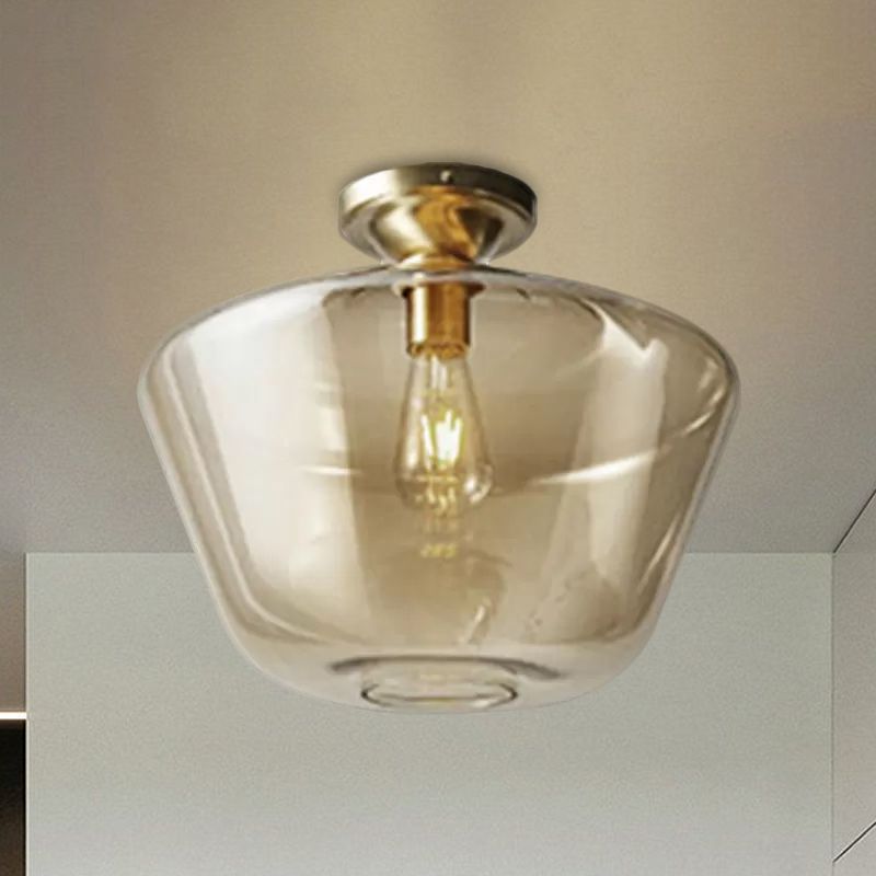 Lámpara de techo de tambor/jarrón con pantalla de cristal ámbar, lámpara de techo contemporánea de 1 luz con acabado de latón