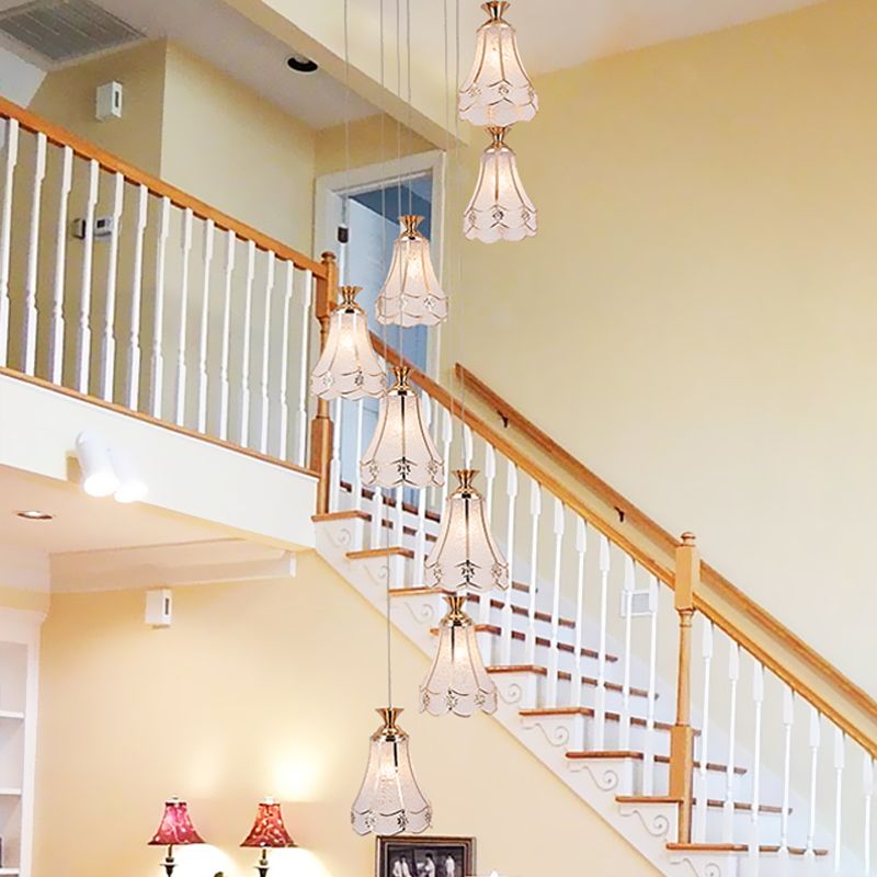 Gold Floral Suspension Light Modern Textured Glass 8 Bulbs Stair Multi Ceiling Lamp