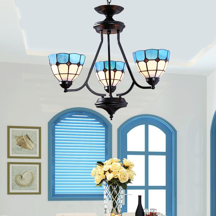 3 Lights Bowl Hanging Light with Metal Chain Adjustable Blue Glass Baroque Chandelier