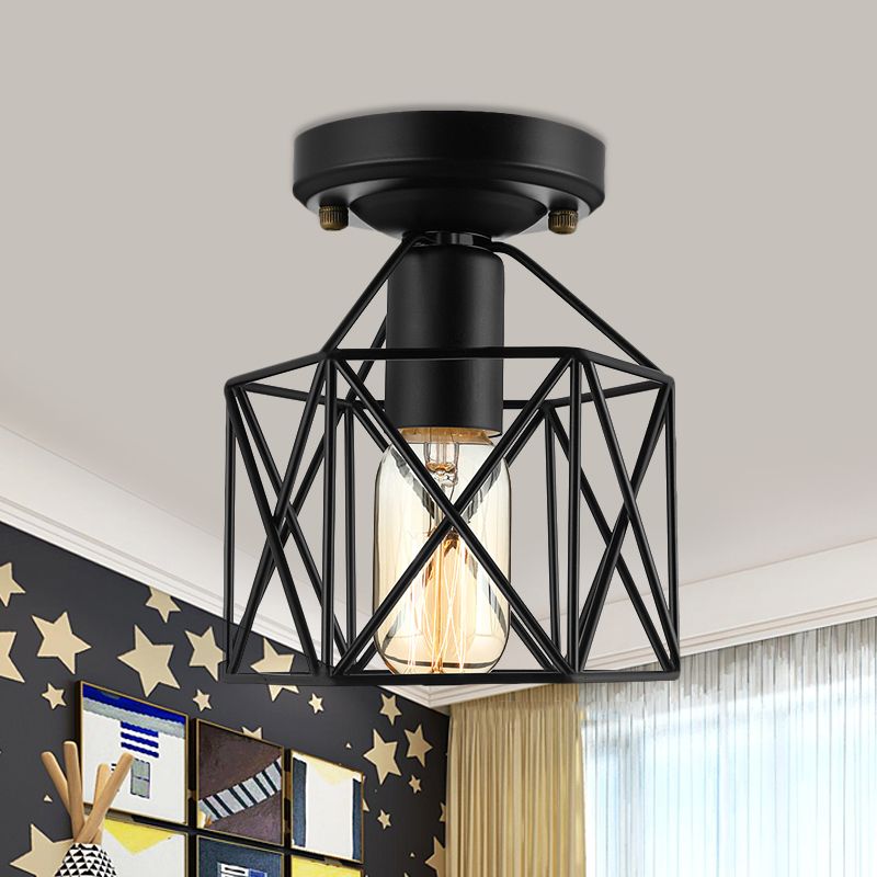 Hexagon Iron Ceiling Mounted Fixture with Cage Shade Vintage Stylish 1 Bulb Balcony Close to Ceiling Lamp in Black/White