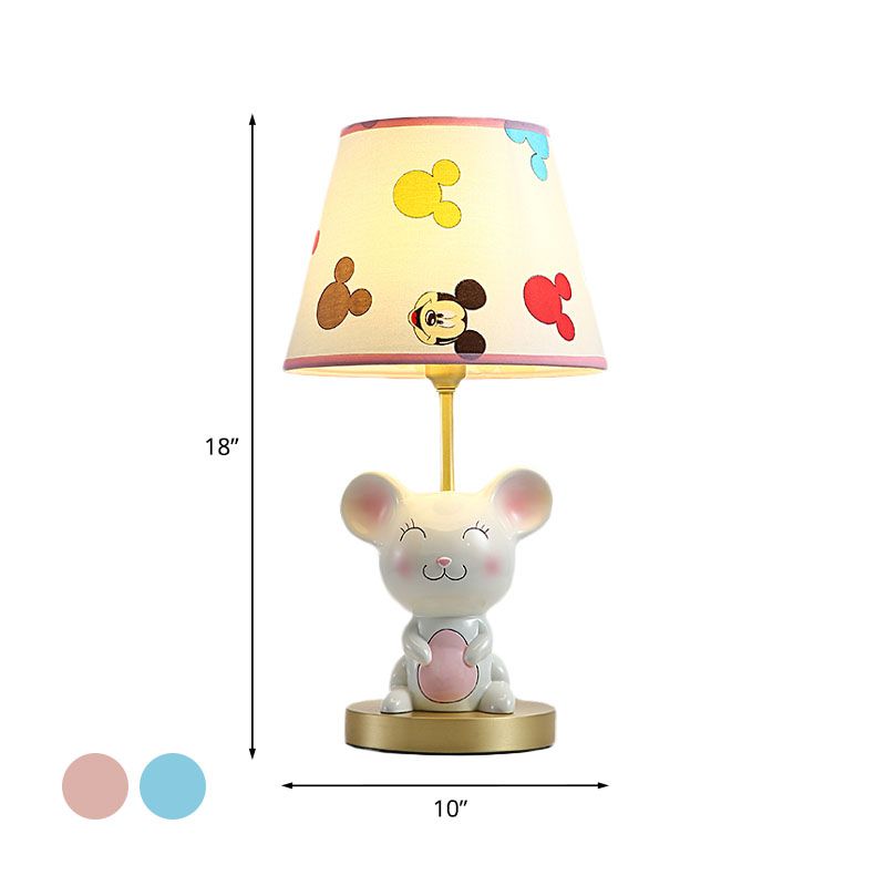 Kids Smiling Mouse Night Lamp Resin 1 Bulb Child Room Table Light with Fabric Shade in Pink/Blue