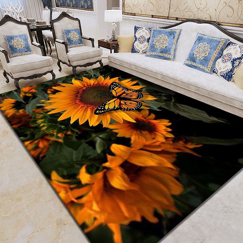 Green Casual Carpet Polyester Sunflower Carpet Stain Resistant Carpet for Home Decor